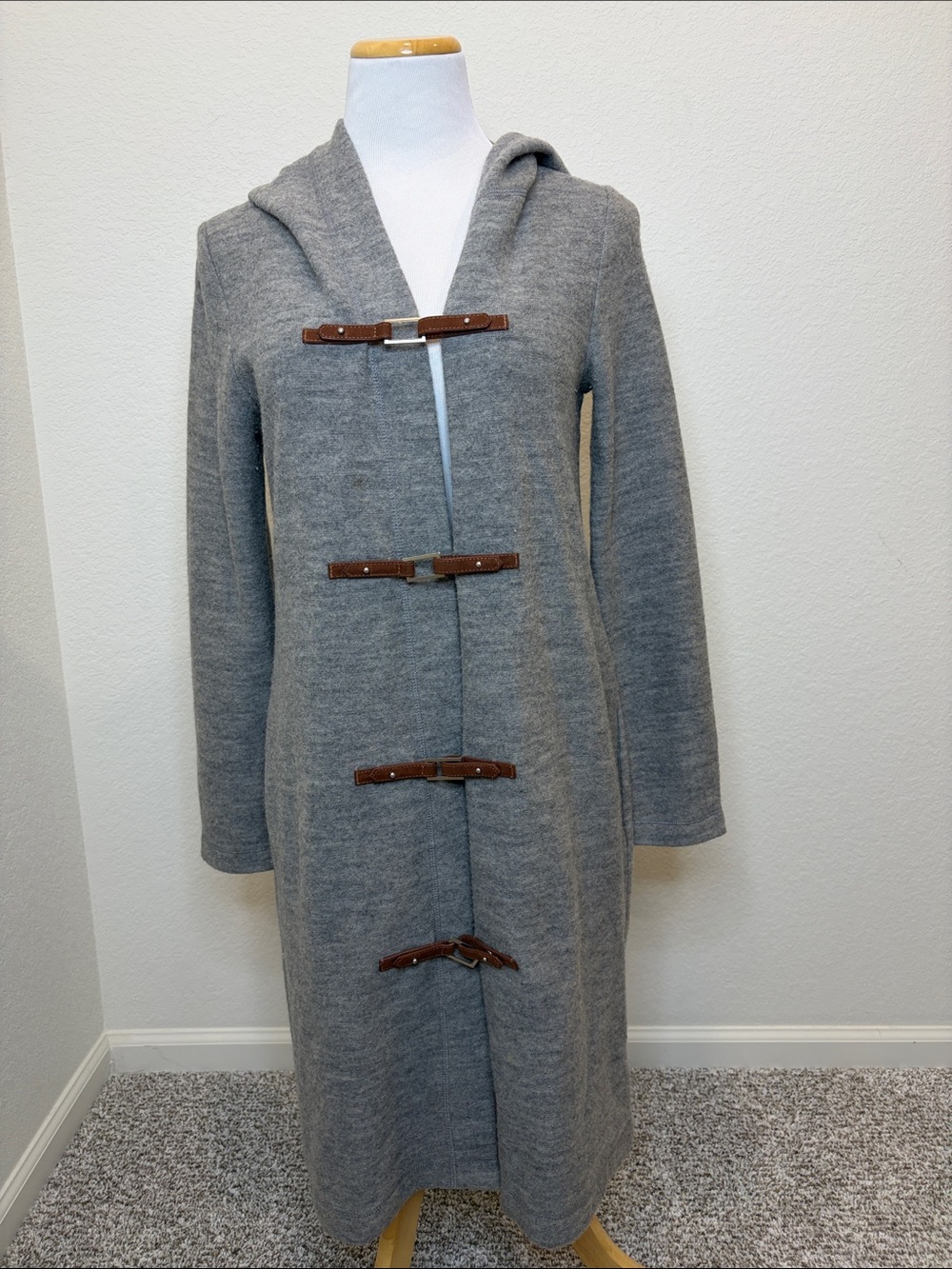 Willi Smith Gray 100% Wool Hooded Toggle Sweater Coat Small